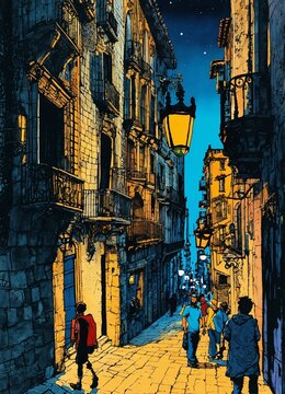 Detailed pen and ink illustration of a Gothic Quarter in Barcelona, in the style of Tintin comics, vibrant colors, detailed, lots of people, night time, city, old street.