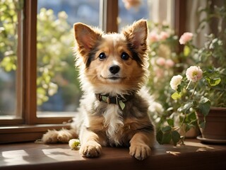 Cute dog sitting on the table near the window