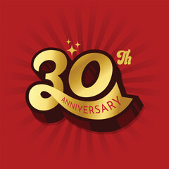 Gold color 30th anniversary logo for celebrate company or person 30 years birthday. Thirty years anniversary luxury logo on red color background. 50th anniversary typography with ribbon vector.