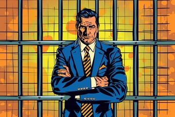 Businessman in Suit and Tie Behind Bars.Art Pop