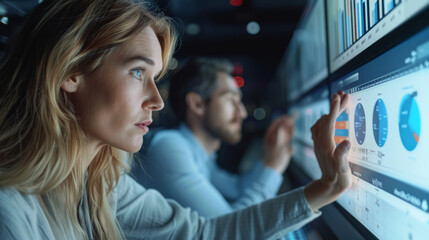 A marketing and sales team in a real, modern office, intently studying a dashboard filled with data. the engagement of the team with the digital data analysis on the screens. Generative AI.