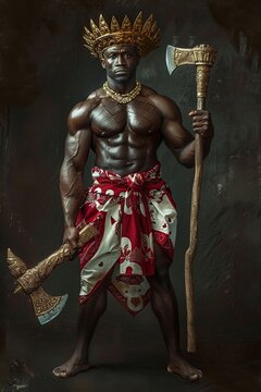 Nigerian Yoruba God Chango in Red and Gold Costume