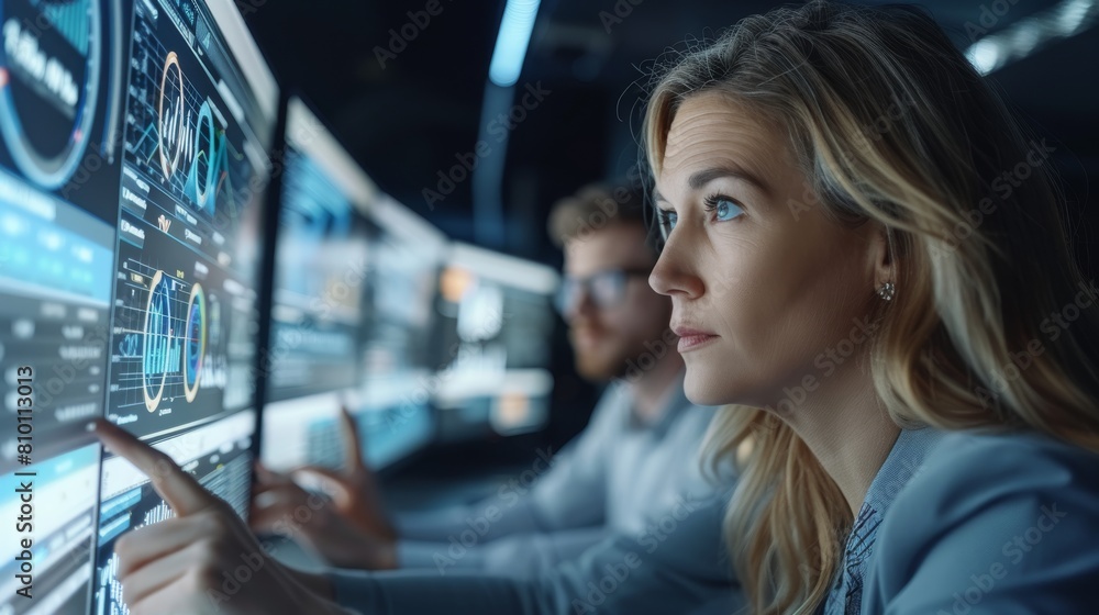 Leinwandbilder A marketing and sales team in a real, modern office, intently studying a dashboard filled with data. the engagement of the team with the digital data analysis on the screens. Generative AI.