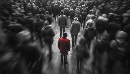 person standing out in a crowd of people wearing red unique distinct 