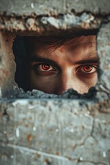 Young man With Red Eyes Looking Through a Hole