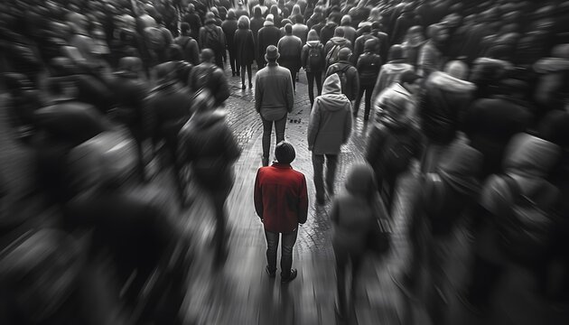 person standing out in a crowd of people wearing red unique distinct 