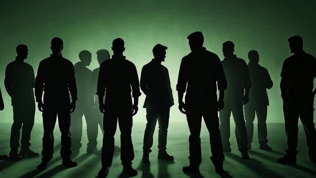 Silhouettes of people in green background, hardworking men motion picture, male posing models in shadow generative AI