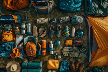 Spring Outdoor Adventure Gear Display in Meadow - Discounted Easter Camping Equipment
