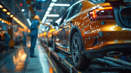 Fototapeta premium automotive engineer inspecting a vehicle assembly line, detailed focus on product quality