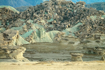 Volcanology. Volcanic landscape, traces of an old eruption, solidified lava, lava crust. Qeshm, Iran