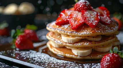 An artistic composition of pancakes layered with slices of bananas and strawberries, finished with a light dusting of icing sugar - Powered by Adobe