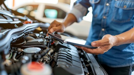   A tight shot of a person, face focused, holding a cell phone near a car with its hood raised The engine lies in the background