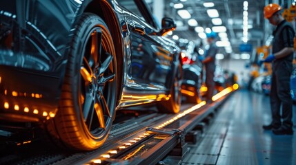 Fototapeta premium engineer inspecting a vehicle assembly line, detailed focus on product quality inspection process.