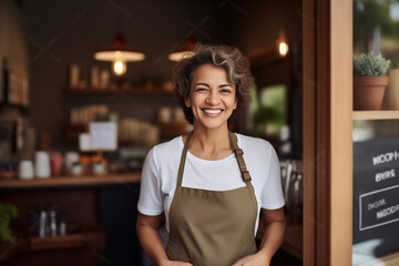 Portrait of a happy waitress standing at restaurant entrance. Portrait of mature business womanattend new customers in her coffee shop. Happy woman owner showing open sign in her small business shop