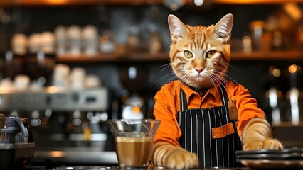 Cat barista in uniform serving coffee at a cafe. Concept Cute Cat, Barista Uniform, Coffee Service, Cafe Environment, Animal Occupation
