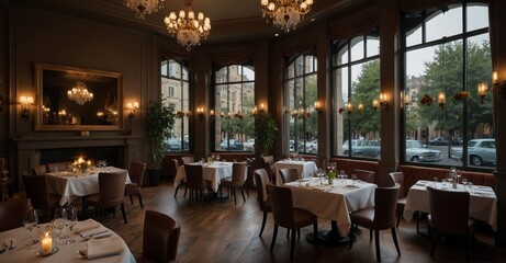 Detailed Interior of elegant restaurant with arranged tables, cozy ambiance, and vintage accents