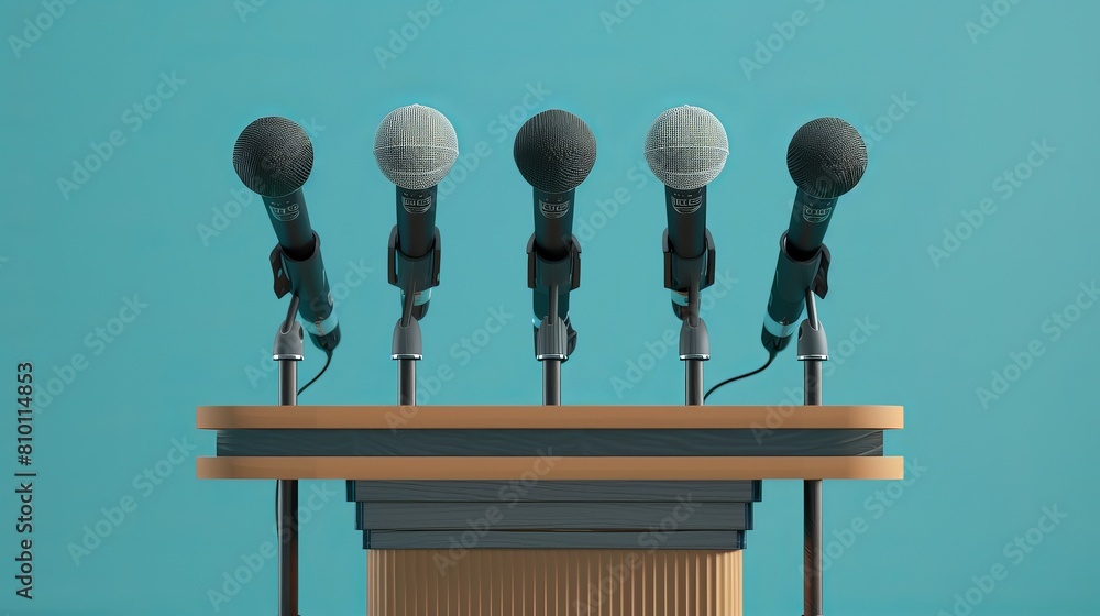 Poster 3d rendering featuring a podium lectern equipped with microphones, designed for addressing audiences