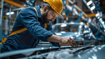 Automotive engineer inspects car assembly Inside the automobile manufacturing and assembly plant