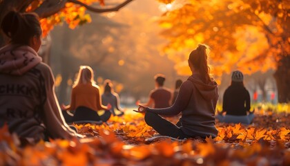 group of women meditating in the woods of a beautiful autumn fall day with bright orange foliage leaves calm relaxing yoga 