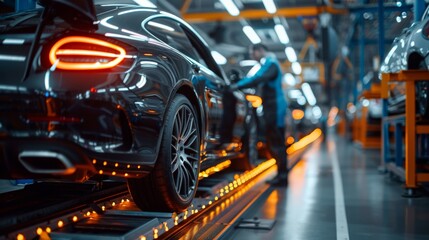 Obraz premium Automotive engineer inspects car assembly Inside the automobile manufacturing and assembly plant