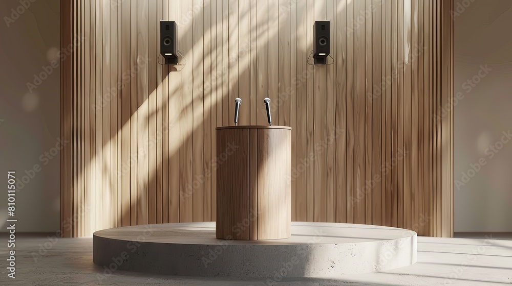Poster 3d rendering featuring a podium lectern equipped with microphones, designed for addressing audiences