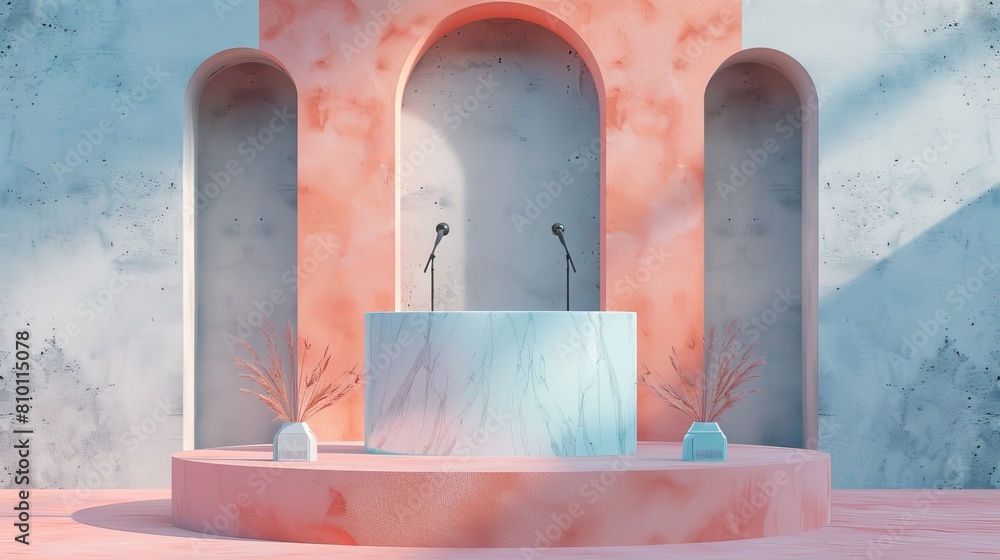 Poster 3d rendering featuring a podium lectern equipped with microphones, designed for addressing audiences