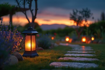 A beautiful garden path lit by lanterns at sunset. The warm glow of the lanterns creates a magical...