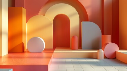 A room with orange and yellow walls and a white archway. The room is filled with various shapes and sizes of objects