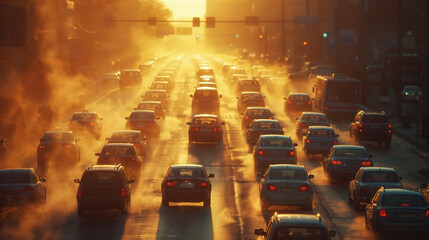Sunset traffic jam on city street