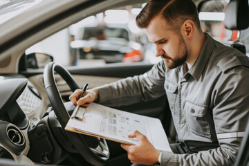 Professional Vehicle Inspection by Mechanic Writing on Clipboard
