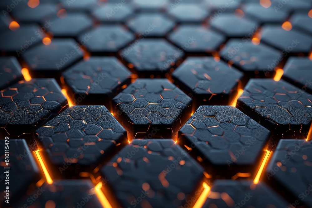 Poster a close-up view of a 3d rendered hexagonal pattern with bright orange neon lines glowing between the