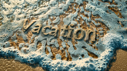 Word “Vacation” written in the sand at the beach, Travel advertising background