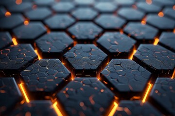 Obraz premium A close-up view of a 3D rendered hexagonal pattern with bright orange neon lines glowing between the gaps