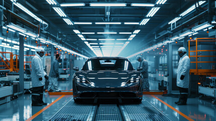 quality assurance team reviewing the automated painting process of vehicles in an automotive factory.