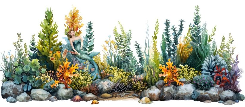 Enchanting Underwater Herb Garden Tended by Mermaids in Watercolor