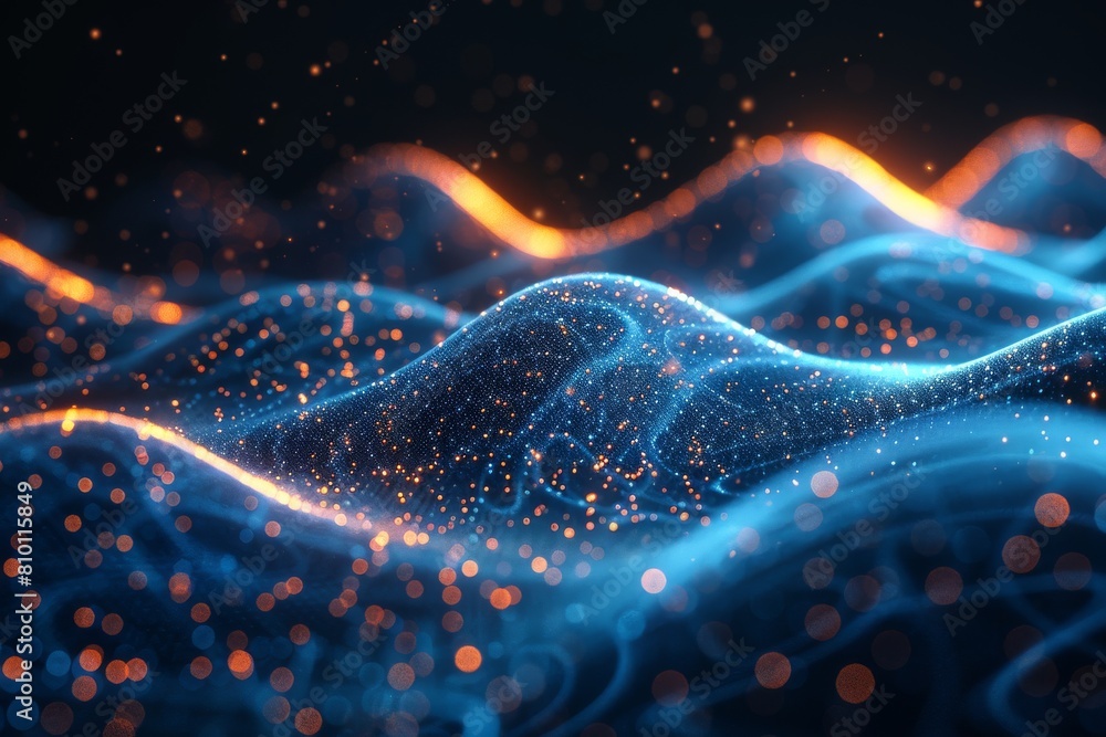 Poster digital image of abstract glowing blue particle waves with sparkles suggesting connectivity and data