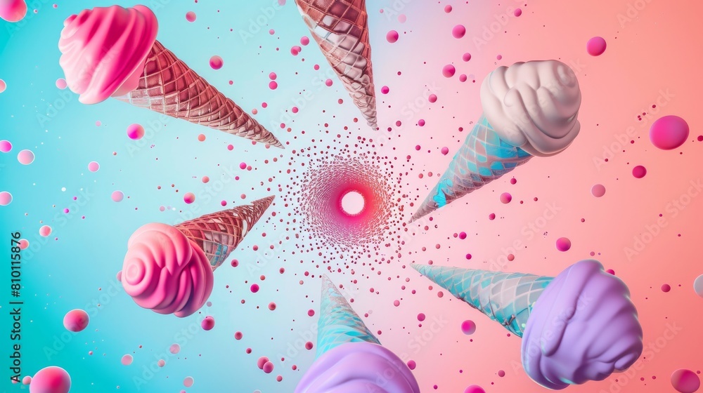 Poster abstract layout pattern featuring levitating ice cream scoops in a spiral formation