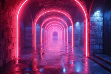 A captivating perspective down a corridor with archways illuminated by red neon lights