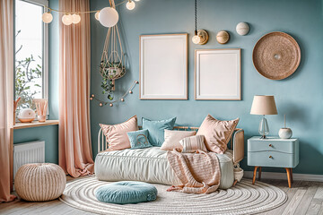 Mockup frame of children's room, Mockup frame, unisex children's room interior background, table and decoration, blue and pink, design home decoration, 3D rendering