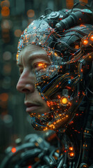 Portrait of a man. Half face in cyberspace. Artificial intelligence concept