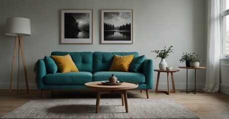 Detailed Turquoise sofa in modern Scandinavian living room against white wall.