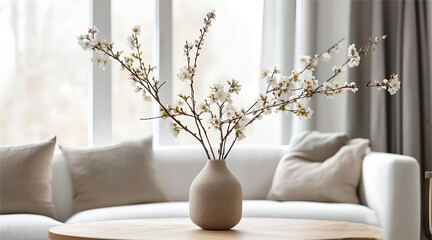 Closeup of  Vase with blossom twig on coffee or tea table near white sofa with pillows against window in interior room