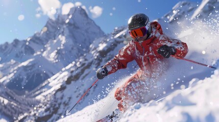 skier speeding down a snowy mountain, captured in sharp focus with detailed snow spray against a clear sky.