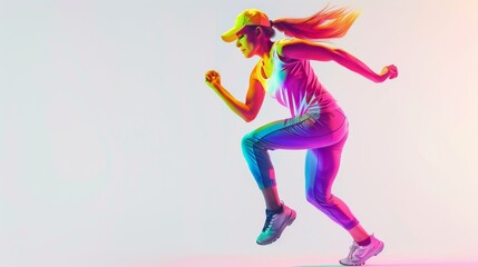 Fototapeta na wymiar a young woman in colorful athletic wear, performing an aerobic exercise, full of vitality, against a white studio background.