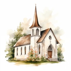 Church. Christian. Jesus church clipart. Watercolor illustration. Generative AI. Detailed illustration.