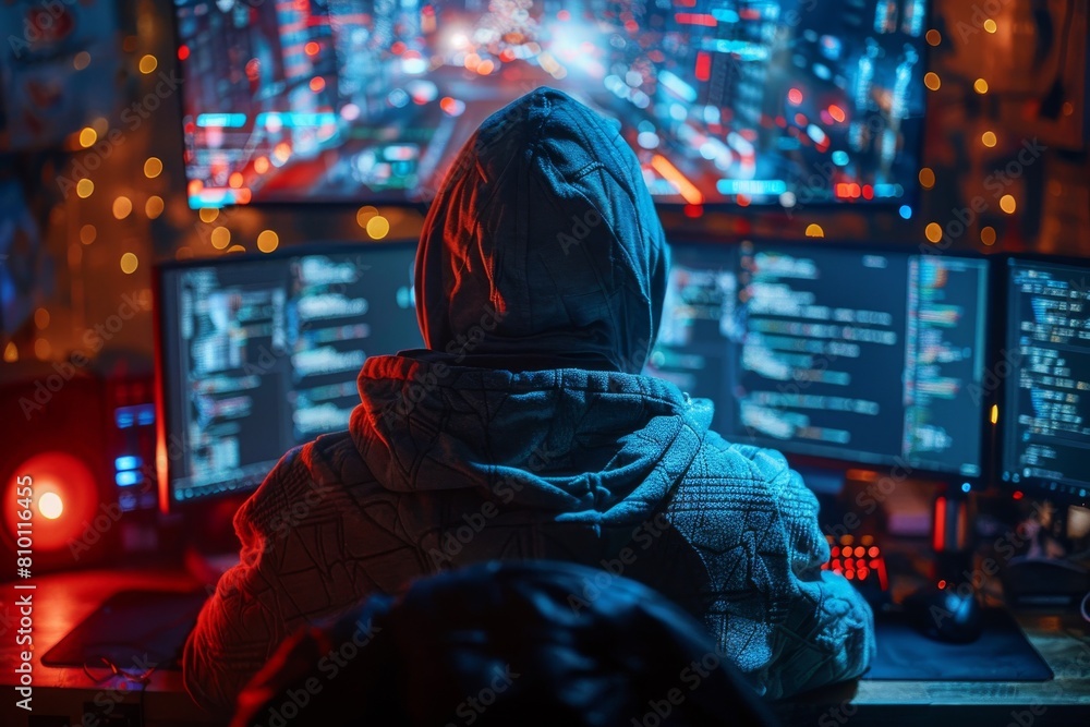 Poster a mysterious hacker is engrossed in work, surrounded by multiple screens in a dark, neon-lit room, s