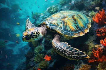Fototapeta premium Vibrant sea turtle glides through the water surrounded by colorful corals in its natural habitat