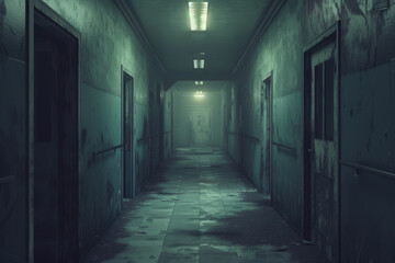 Haunted Hospital Corridor with Flickering Lights and Creaking Doors