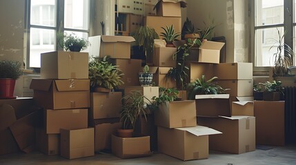 Stacked Moving Boxes in a Sunny Room. Cardboard Boxes with Plants. Relocation Concept, New Beginning. Organized Chaos, Packing Process. Indoor Setting, Daylight. AI