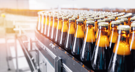 Automated modern beer bottling factory line with glasses bottles on conveyor. Banner Brewery...